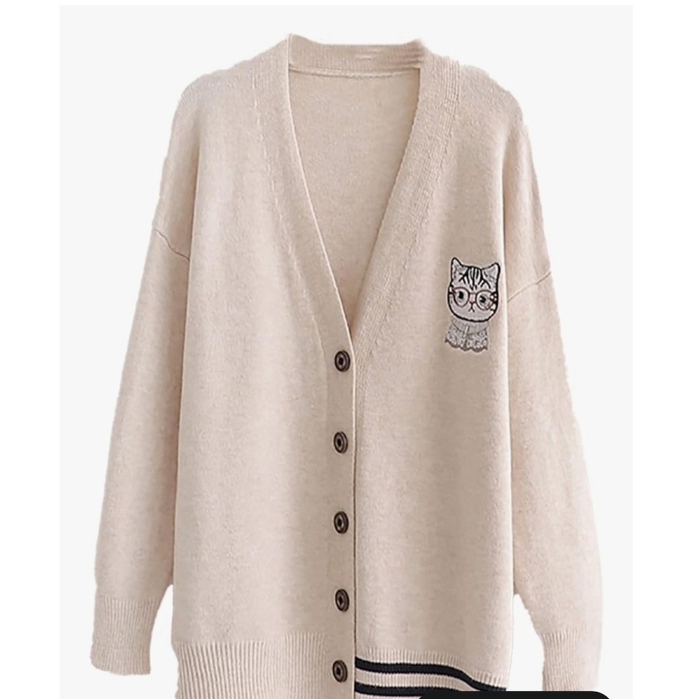CORIRESHA Women's Cute Cat Embroidered Cardigan Sweater Large Beige Striped Knit
